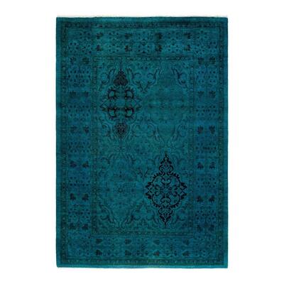 Overton Hand Knotted Wool Vintage Inspired Modern Contemporary Overdyed Blue Area Rug - 4' 1" x 5' 10"