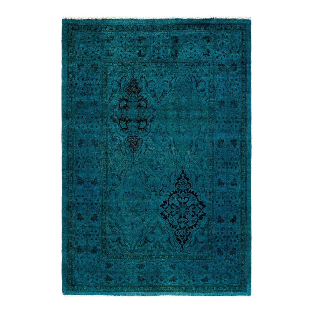 Overton Hand Knotted Wool Vintage Inspired Modern Contemporary Overdyed Blue Area Rug - 4' 1" x 5' 10"