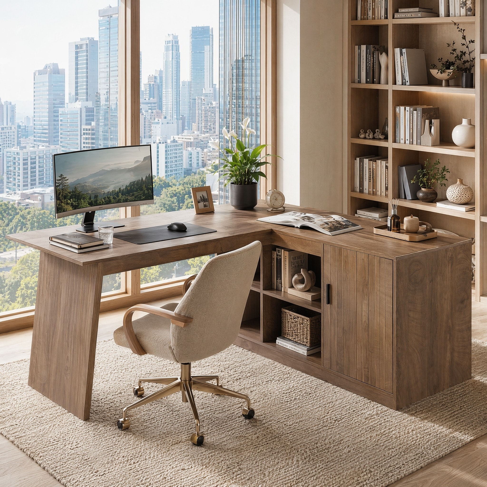 66" L Shaped Desk with Display Shelves and Storage Cabinet for Home Office, Executive Computer Desk
