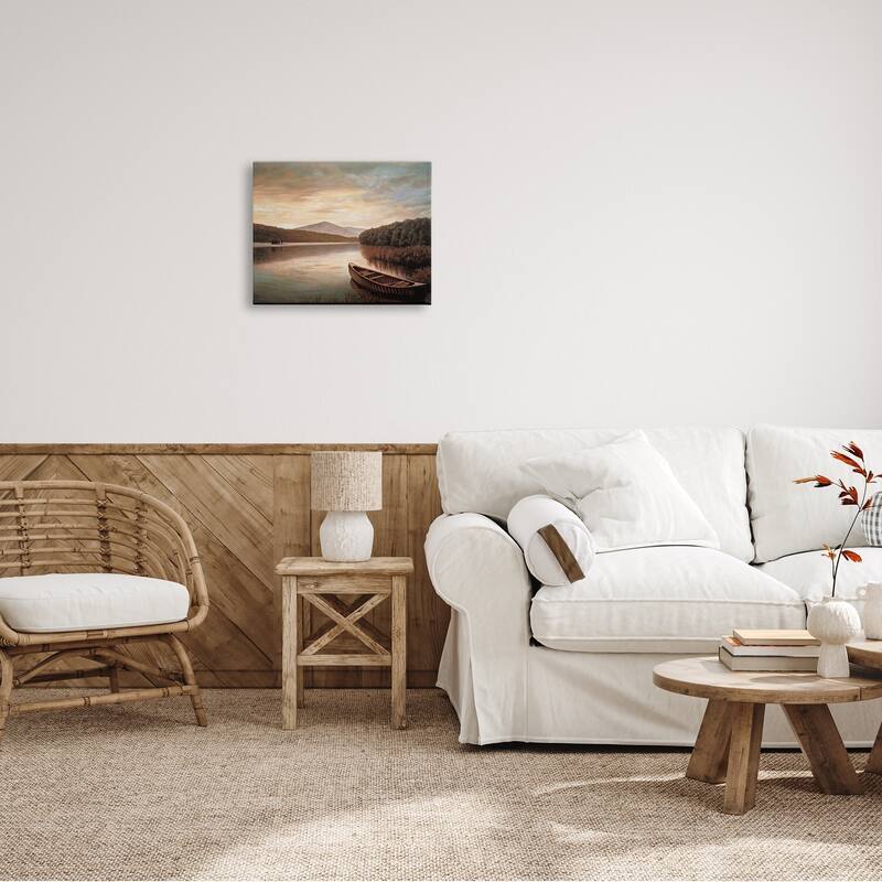 Stupell Lakeside Canoe Cloudy Sky Mountain Forest Landscape Canvas Wall Art - Brown