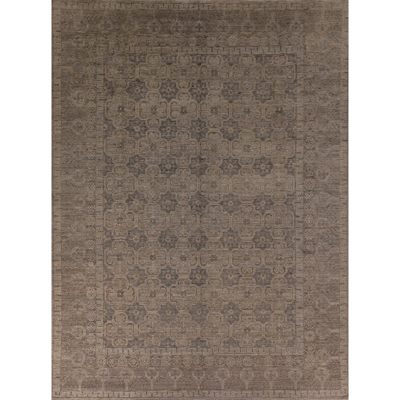 Geometric Oushak Vegetable Dye Area Rug Hand-Knotted Wool Carpet - 7'8" x 9'11"