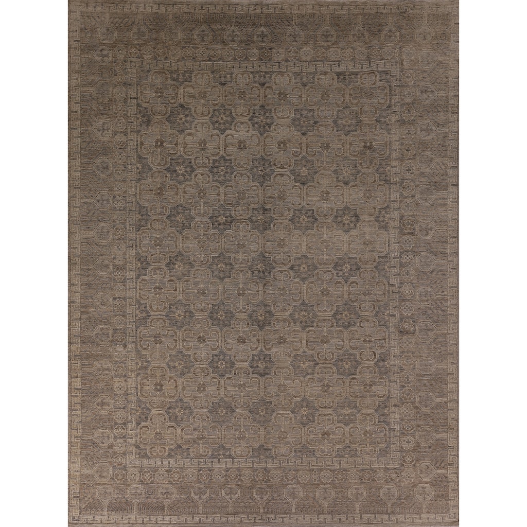 Geometric Oushak Vegetable Dye Area Rug Hand-Knotted Wool Carpet - 7'8" x 9'11"