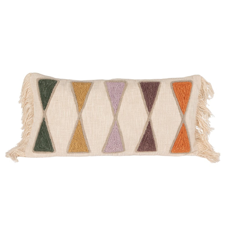 Cotton Lumbar Pillow with Embroidery and Fringe - Earthen Multicolors