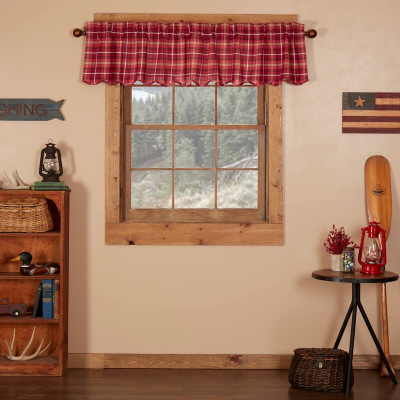 Red Rustic Kitchen Curtains VHC Braxton Valance Rod Pocket Cotton Plaid