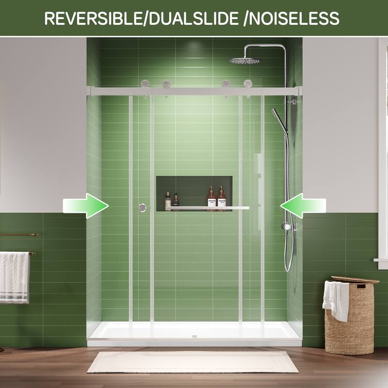 72" x 59" Frameless Double Sliding Shower Door, 8mm Easy-Clean Tempered Glass, 304 Stainless Hardware, Reversible