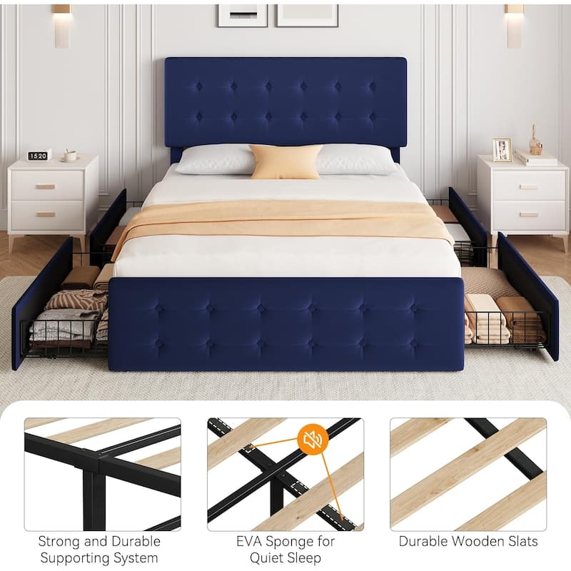 Bed Frame with Adjustable Headboard and 4 Storage Drawers