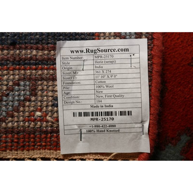 Geometric Orange Heriz Serapi Oriental Rug Hand-Knotted Wool Carpet - 9'0" x 11'10"