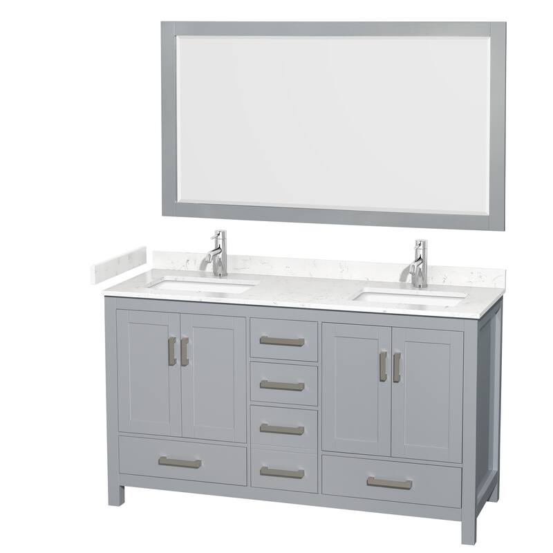 Sheffield Bathroom Vanity Set, Cultured Top, 58-Inch Mirror - 60-Inch Double - Gray, Carrara Cultured Marble Top, Chrome Trim