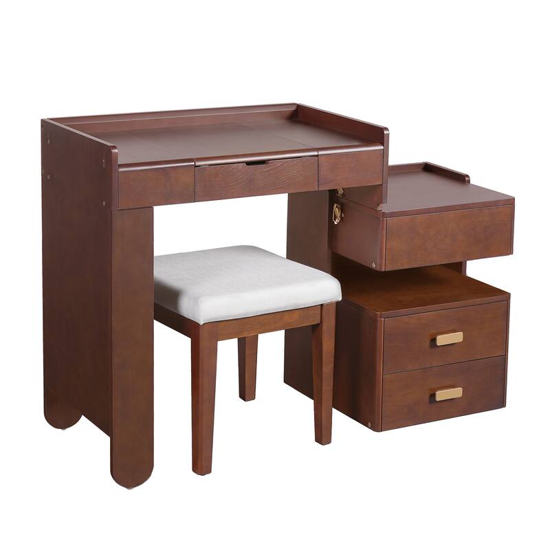 3-in-1 Makeup Vanity Desk with Stool, Flip-Top Mirror, Adjustable 3 Colors Lighting & Retractable Side Cabinet