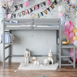 Twin High Loft Bed with Ladder Kids Bed with Landing Platform Ladders and Guardrails, Grey