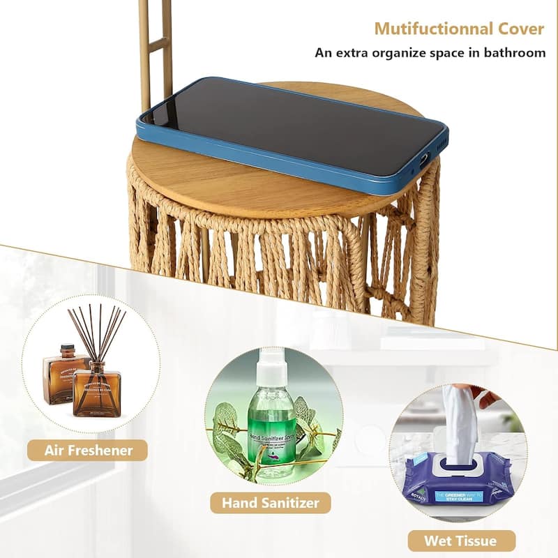 Freestanding Rattan Toilet Paper Holder with Storage, Handmade Woven Toilet Paper Roll Holder Stand