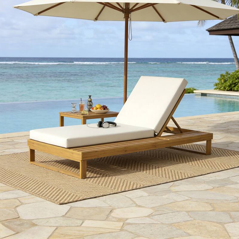 Christopher Knight Home - Modern Outdoor Acacia Wood Chaise Lounge with 4-Position Adjustable Backrest & 3-Fold Cushion