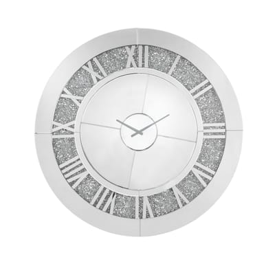 Round Beveled Mirror Frame Wall Clock with Faux diamond Inlay, Silver