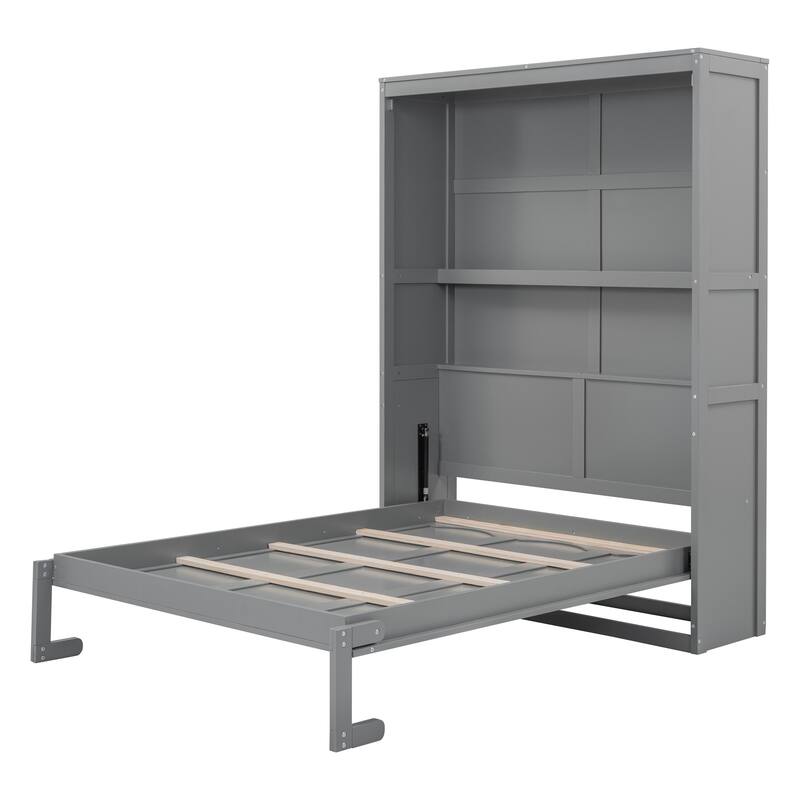 Apartment Murphy Bed Cabinet Wall Bed with Shelves & Flexible Slats, Dual Piston Metal Folding Mechanism Designed Murphy Bed