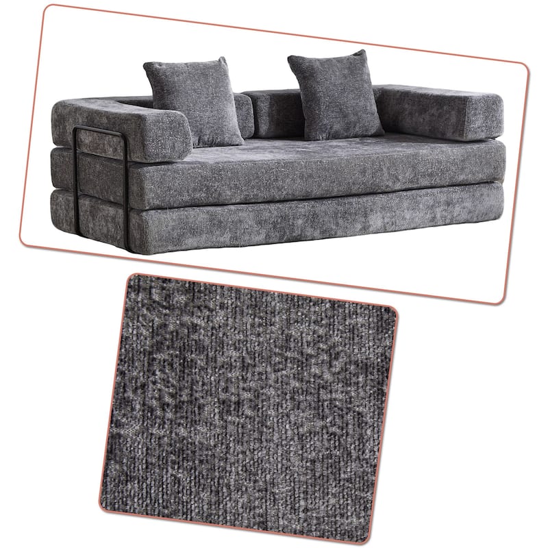 Modern Minimalist Compressed Upholstered Convertible Two-Seater Sofa Bed with External Metal Frame