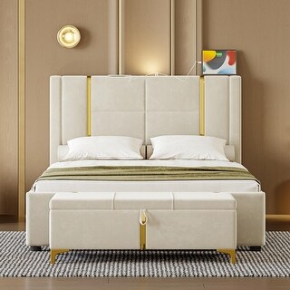 2-Pieces Bedroom Sets,Queen Size Platform Bed w/ Trundle Bed, 2 Drawers,Night Light & USB Charge,Storage Ottoman, Beige