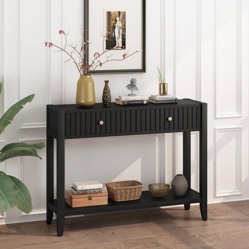Narrow Wood Accent Table Sofa Table with Open Shelf, Rustic Entryway Table Console Table with Drawers