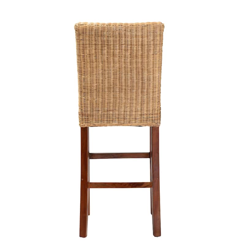 Racquel Modern Bohemian Natural Rattan and Mahogany Wood Bar Stool