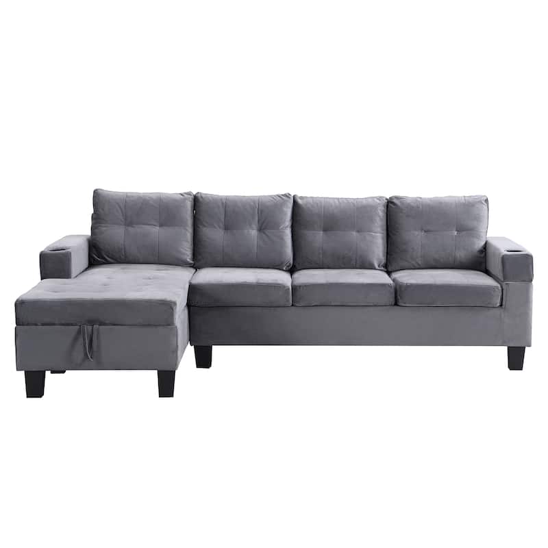 Grey 97.8'' Modern 4-Seater Sectional Sofa Set with Left-Hand Storage Chaise Lounge and Built-In Cup Holders for Living Room