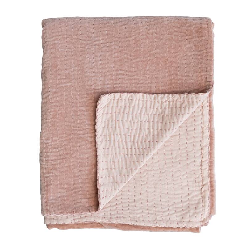Cotton Velvet Throw Blanket with Kantha Stitch - 60.0"L x 50.0"W x 0.3"H - Pink
