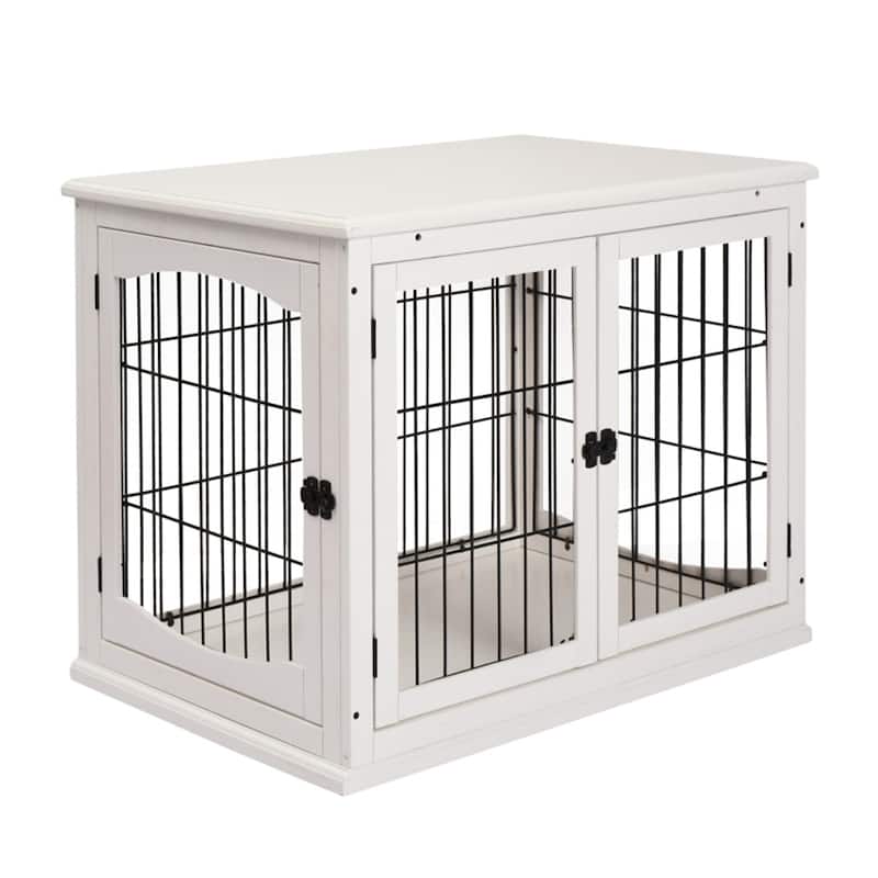 2-in-1 Small Pet Cage and End Table with Lockable Doors and Modern Design - 23" L x 32" W x 26" H - White