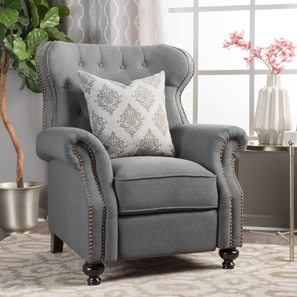 Upholstered Push Back Recliner Chair with Rivet Trim & Wooden Legs, Mid-Century Rolled Arms Lounge Sofa Chair for Living Room