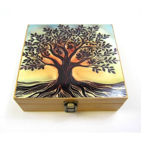Herb & Spice Bamboo Stash Box Set, with Metal Grinder & Stash Jar, Tree of Life Design