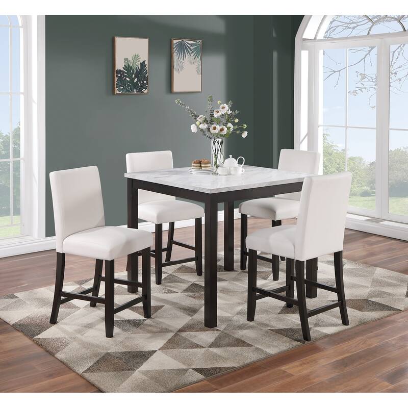 5 Pcs Counter Height Dining Set, Kitchen Dining Room Furniture Set with Faux Marble Square Table and Faux Leather Chairs - White