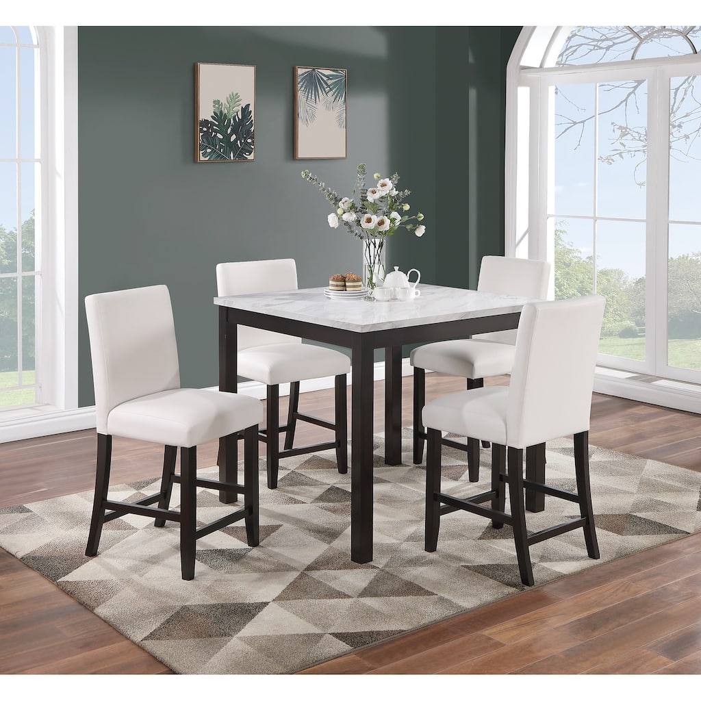 5 Pcs Counter Height Dining Set, Kitchen Dining Room Furniture Set with Faux Marble Square Table and Faux Leather Chairs