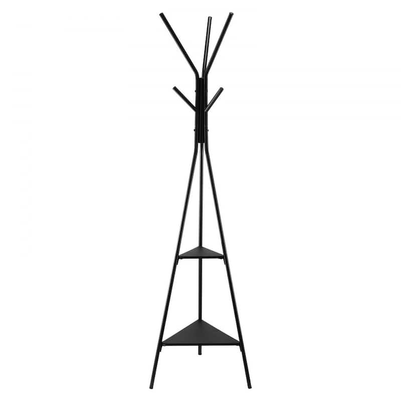 Black Freestanding 6 Hooks Coat Rack Stand with 2 Wooden Shelves for Entryway or Bedroom - 19.5" x 16.7" x 70.5"