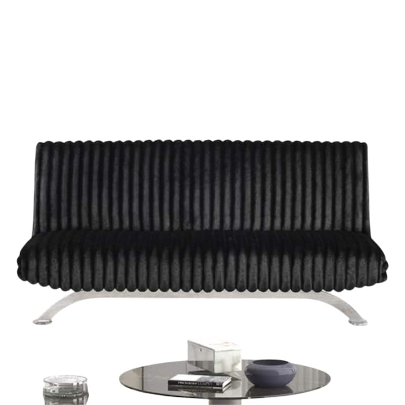 Villy Futon Sofa Bed, Chrome Metal Legs, Black Channel Tufted Fabric