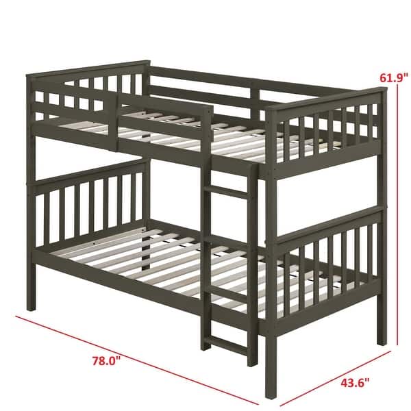 dimension image slide 1 of 6, Clayfell Ames Twin Over Twin Solid Wood Bunk Bed Frame, Convertible, Sturdy Guardrails, Easy Assembly