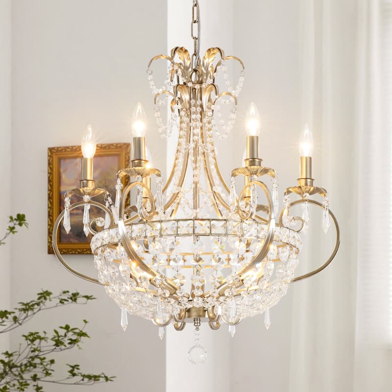 9-Light 24.4" W Crystal Chandelier in Antiqued Brushed Silver with Teardrop Pendants for Use in Living & Dining Room - 24.4 in. W x 26.4 in. H x 24.4 in. D - Clear/Silver