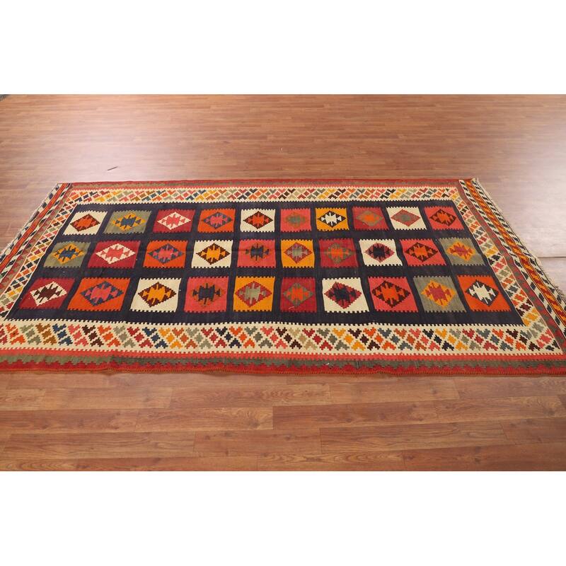 Blue Kilim Qashqai Persian Vintage Area Rug Hand-Woven Wool Carpet - 4'7"x 8'8"