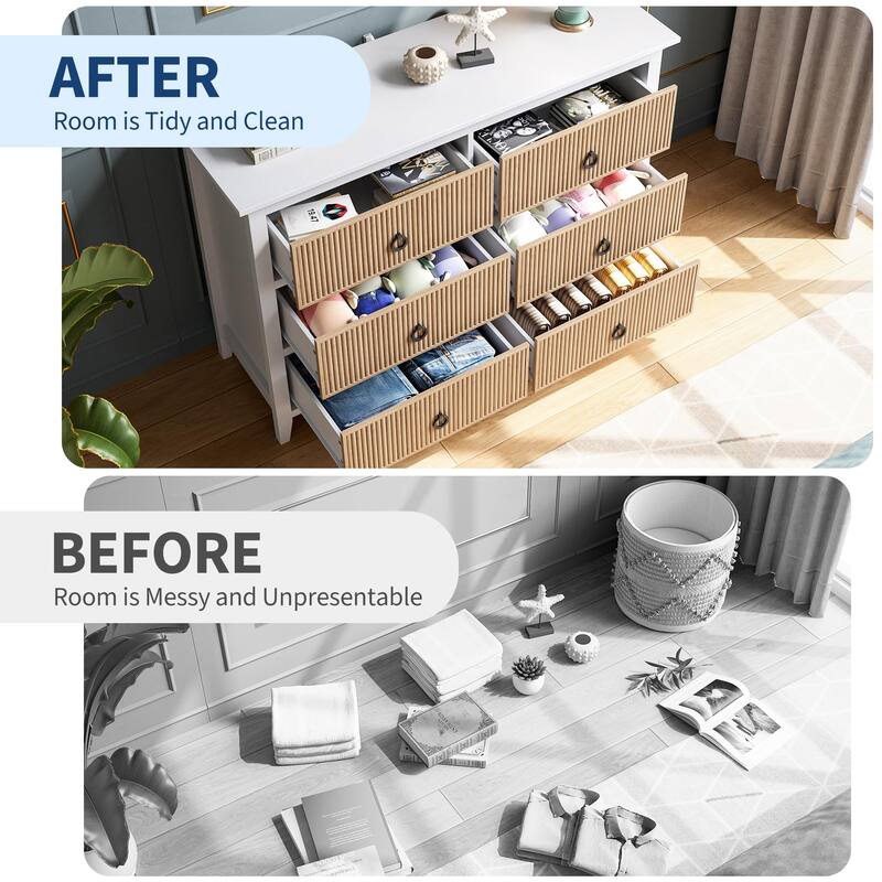 Fluted 6 Drawer Dresser for Bedroom, 47" Wide Modern Wooden Chest with Wavy Panel & Metal Handles