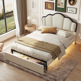 Princess-Themed Full Upholstered Platform Bed with LED & Drawers