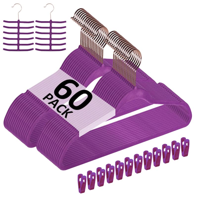 VECELO Mackaylee Velvet Hangers, Non Slip Standard Clothes Hanger Set, Heavy Duty Ivory Hangers(30/50/60/100 Pack) - 60 pack - Purple