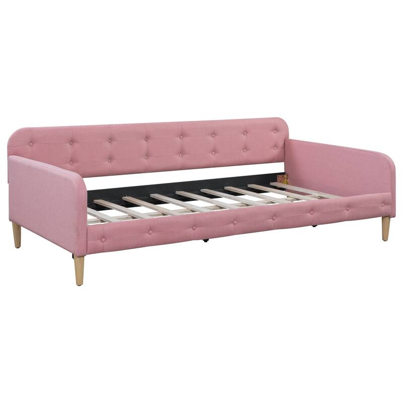 Tufted Upholstered Daybed with 4 Solid Pine Legs, Linen Fabric Sofa Bed Frame, Wooden Slat Support, Easy Assemble