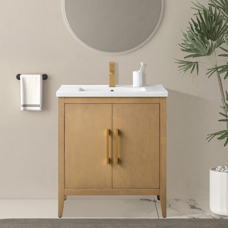 Vanity Art 20" or 24" or 30" Single Sink Bathroom Vanity Cabinet with Ceramic Top - 30"/Golden Brushed - Natural Oak