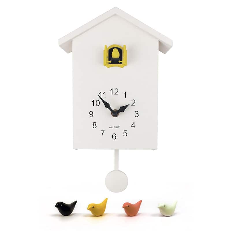 Walplus White Minimalist Cuckoo Clock Colorful Window 4 Changeable Birds