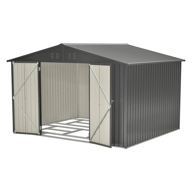 GDFStudio - Genevieve 10X8 FT Outdoor Metal Storage Shed with Lockable Doors for Garden and Backyard Organization - 10X8 FT