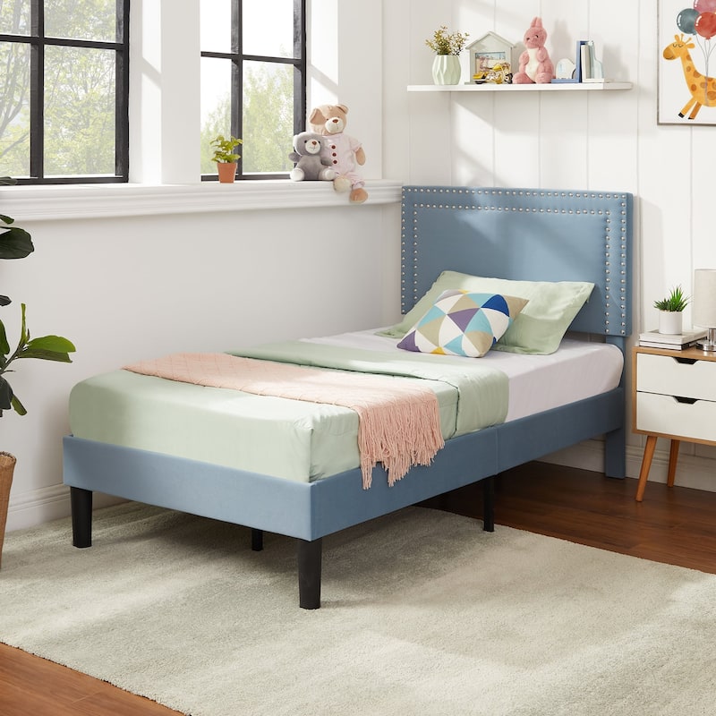 VECELO Twin Size Kids Beds Set of 2 Adjustable Headboard Soft Upholstered Headboard with Rivet Detail 8" Underbed Storage