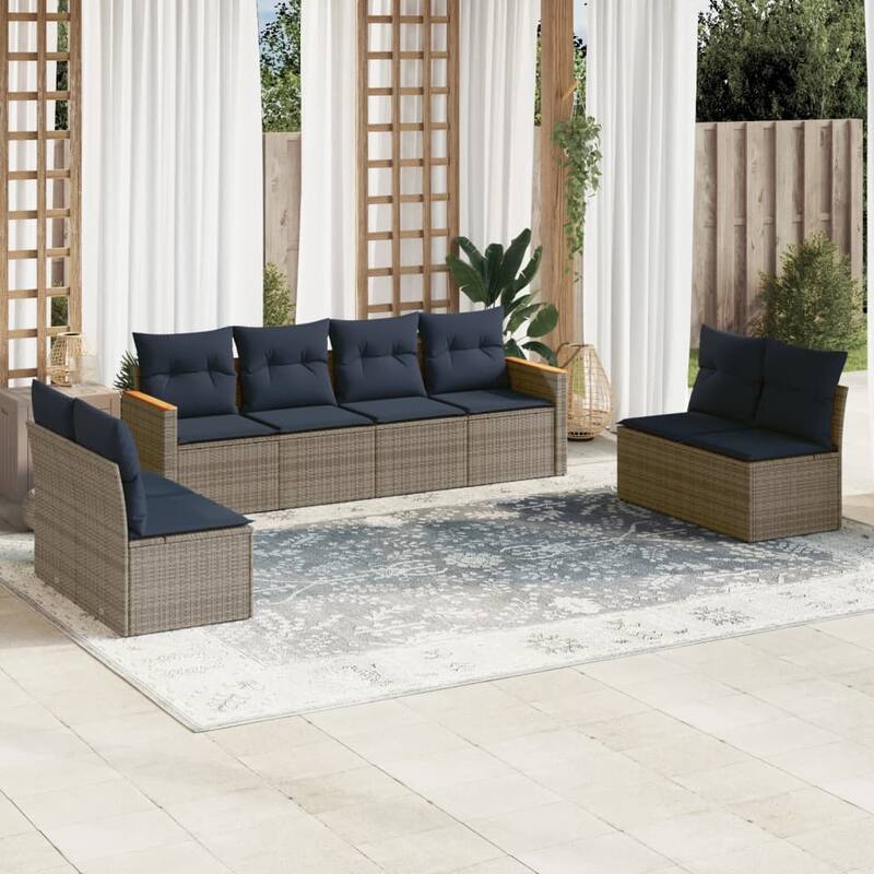 vidaXL Patio Sofa Set with Cushions Outdoor Conversation Furniture Poly Rattan - 21.7x 24.4x 27.2 - Grey and Blue-Without table