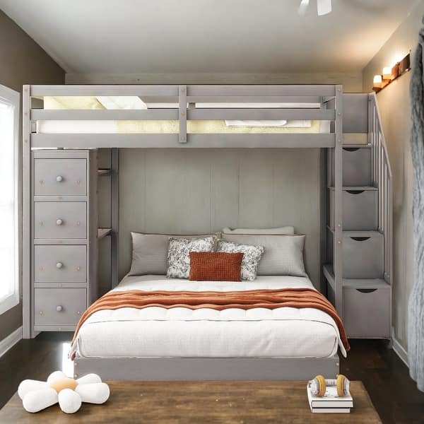 slide 2 of 10, Twin Over Full Bunk Bed with Shelves, Drawers and Storage Stairs, Grey Grey