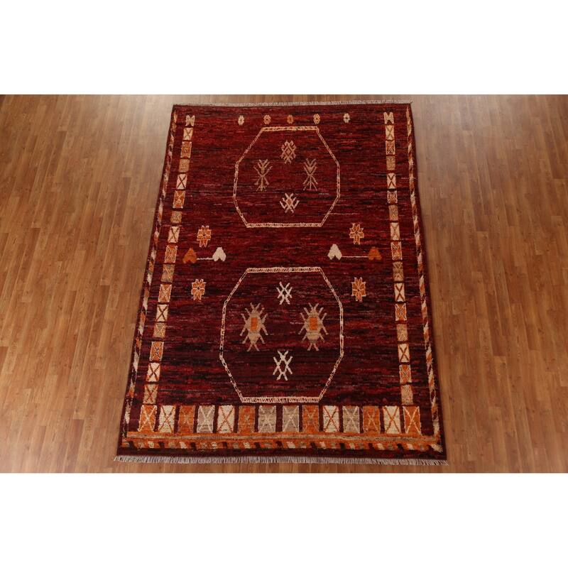 Hand Knotted Oriental 100% Wool Carpet Modern Tribal Red Moroccan Area Rug - 9' 10'' X 7' 0''