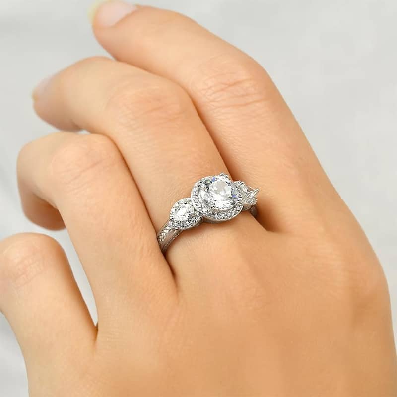 Sterling Silver 2.00 CT 3 Stone Halo Bridal Ring Round Cut Size 5-9