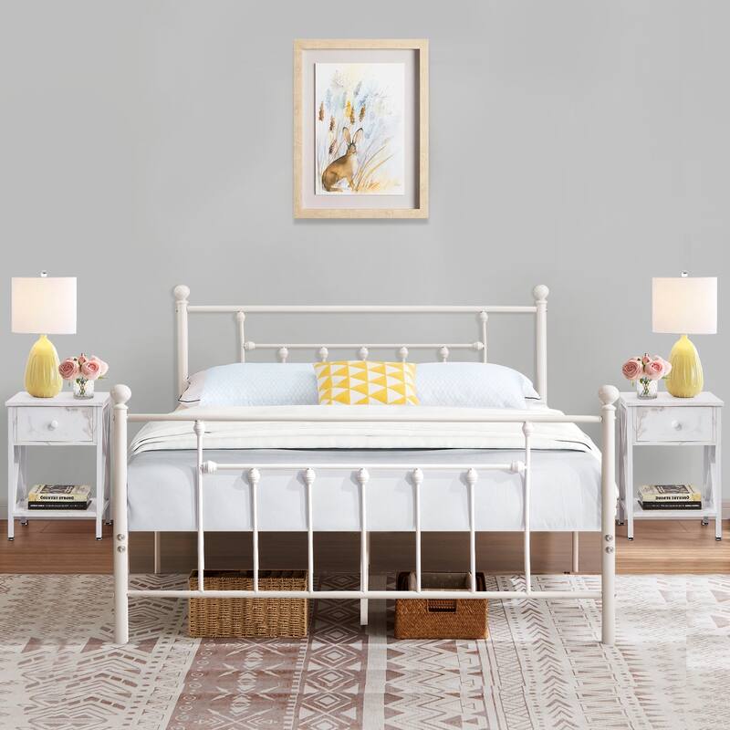 VECELOWhite Modern Bed Frame with Headboard and Footboard Sturdy Slat Support 12.6" Under-Bed Storage Space No box spring needed