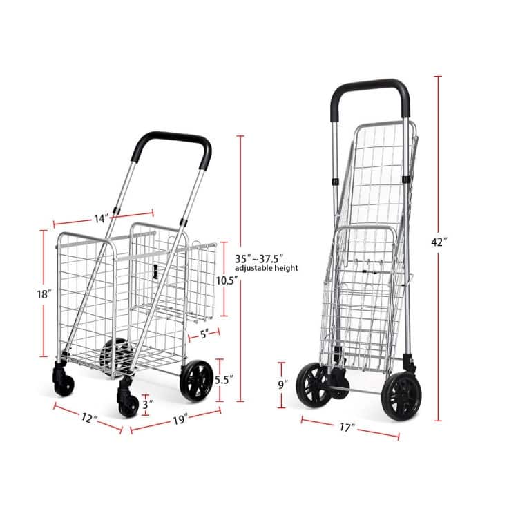 Lightweight Folding Shopping Cart with Double Basket and Adjustable Handle on Wheels - 17" x 19" x 35"/37.5" (L x W x H)