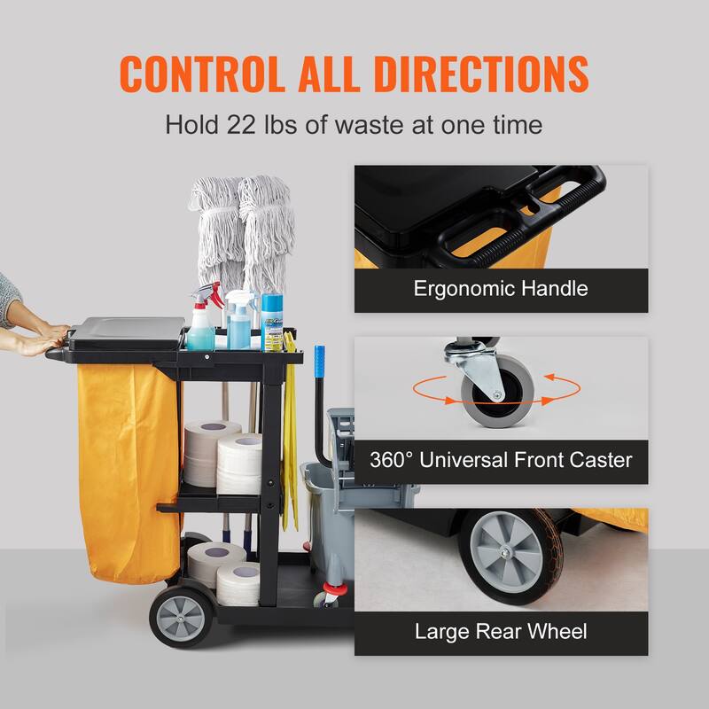 Cleaning Cart, 3-Shelf Commercial Janitorial Cart, 200 lbs Capacity Plastic Housekeeping Cart, with 25 Gallon PVC Bag