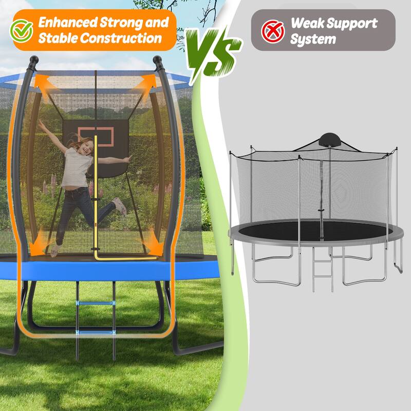 8FT Trampoline with Basketball Hoop, Enclosure net and Ladder, Outdoor Trampoline for Kids, Recreational Backyard Trampoline